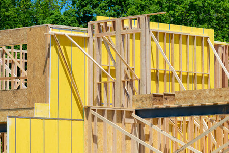 plywood house frame structure new wall truss sky tall materialの写真素材