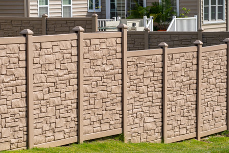 vertical sections of brown profile fence the local area decor capital fencing green modernの写真素材