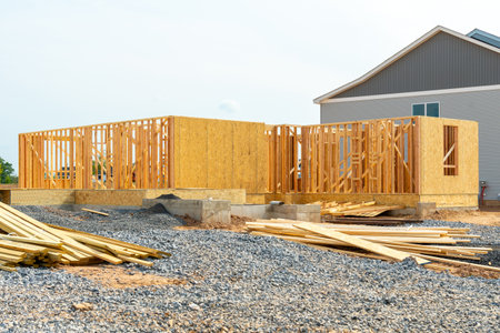 start of construction of a plywood house new wall frame windows residential real stucco board