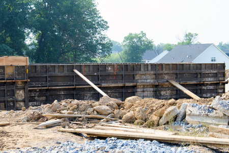 foundation site of new house, details and reinforcements preparing for cement pouring iron steel...