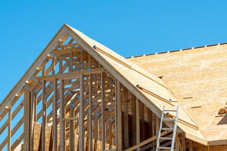 plywood house rafters roof wooden house framework building site board wall board