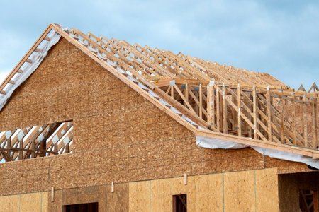 installation of rafters of a plywood house wooden roof framework truss wood frame industry