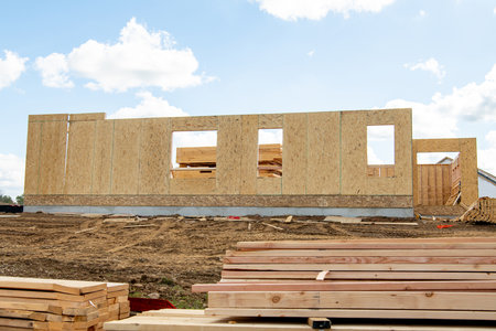 construction of a new plywood house frame wall real estate materialの写真素材