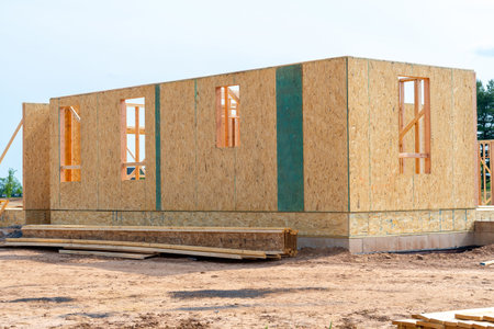 start of construction of a new plywood house frame window laborの写真素材