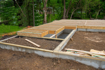 foundation for a new plywood house material cement corner basementの写真素材