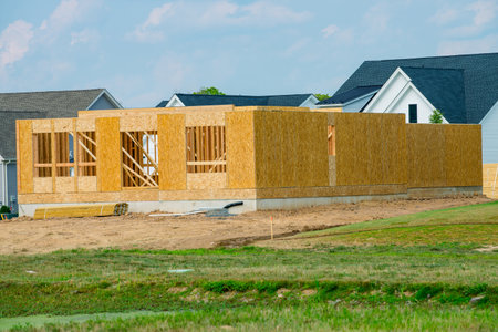 unfinished plywood house beam framework new material plank site trussの写真素材