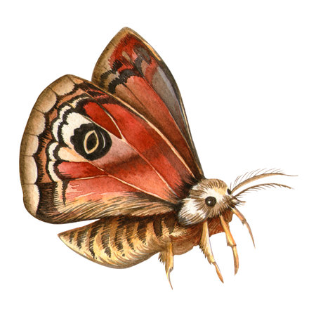 Saturnia pavonia butterfly. Hand painted elegant watercolor illustration. Isolated elegant peacock butterfly with white background. Ideal for vintage prints, boho patterns, seasonal card, stickers.の写真素材