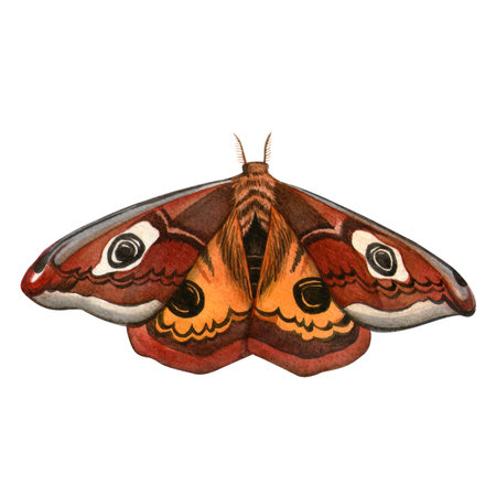 Saturnia pavonia butterfly. Hand painted elegant watercolor illustration. Isolated elegant peacock butterfly with white background. Ideal for vintage prints, boho patterns, seasonal card, stickers.の写真素材