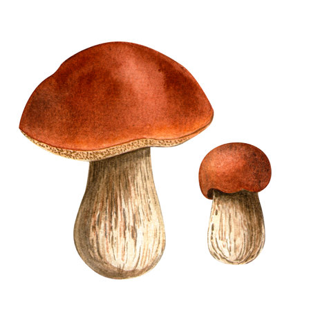 Bolete mushrooms set. Porcini botanical watercolor illustration. Isolated detailed boletus on white background. Hand painted autumn seasonal clipart for cards, fall holidays, prints, Thanksgiving dayの写真素材