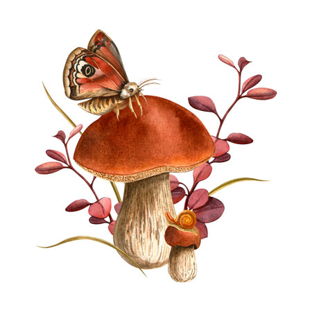 Butterfly, bolete mushroom and snail composition. Isolated watercolor hand painted botanical elegant vintage illustration. Autumn seasonal floral set with fungus. Cards, prints, patterns, Fall eventsの写真素材