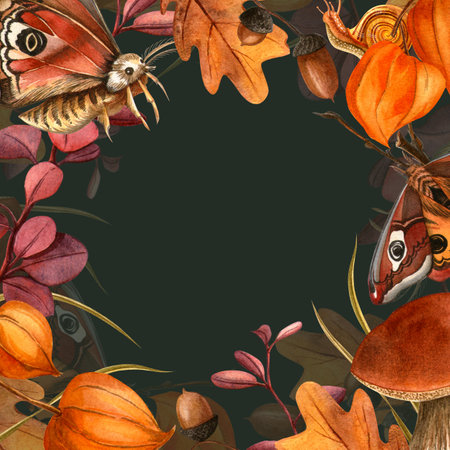 Butterflies, leaves, mushrooms, snail fall elegant botanical frame. Autumn warm cozy watercolor illustration on dark background. Seasonal postcard, card, invitation, label, banner, Thanksgiving dayの写真素材