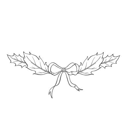 Cozy Christmas bow with holly leaves. Winter ink isolated vector illustration for seasonal card, graphic decor, wrapping paper, greeting, packのイラスト素材