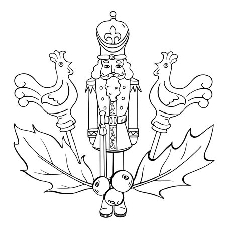 Christmas soldier figure, lollipop cockerel, holly leaves and berries. Isolated ink vector set for winter decoration, card, coloring page, printのイラスト素材