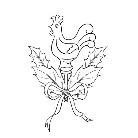 Lollipop cockerel, holly leaves and elegant bow. Christmas ink isolated vector illustration for winter card, seasonal decor, wrapping, greeting, packのイラスト素材
