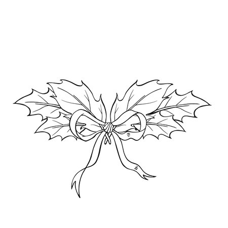 Elegant Christmas bow with holly leaves. Winter ink isolated vector illustration for seasonal card, graphic decor, wrapping paper, greeting, packのイラスト素材