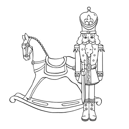 Christmas rocking horse with soldier figure. Winter cozy isolated vector set. For seasonal holidays, New Year decoration, card, wrapping.のイラスト素材