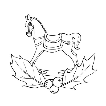 Christmas rocking horse and holly leaves with berries. Winter cozy isolated vector composition. For invitation, coloring book, card, print, wrappingのイラスト素材