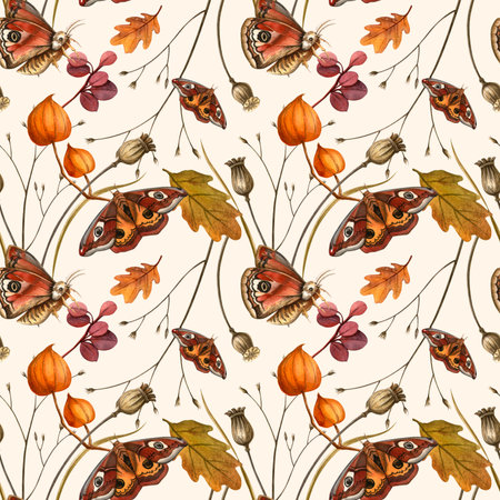 Butterflies, oak leaves, poppy bulbs, physalis pattern. Autumn romantic seamless print with beige background. For fabric, seasonal decor, wrappingの写真素材