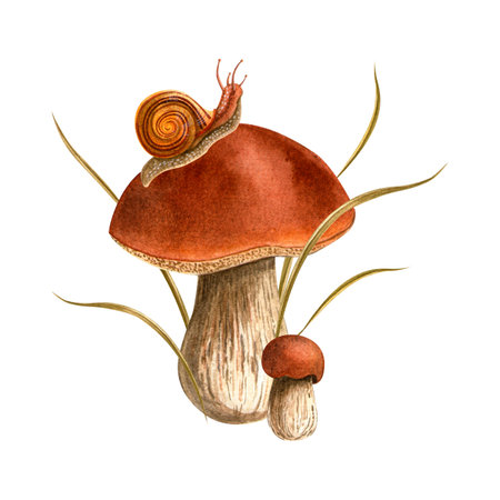 Bolete mushrooms and snail composition. Isolated watercolor hand painted botanical detailed vintage illustration. Autumn seasonal floral set with fungus for cards, prints, patterns, Fall holidaysの写真素材