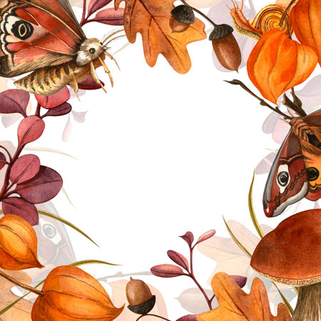 Butterflies, leaves, snail fall elegant botanical frame. Autumn warm cozy watercolor illustration on white background. Seasonal postcard, card, invitation, label, bannerの写真素材