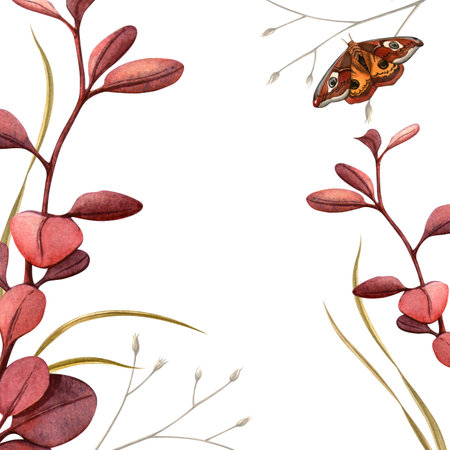 Butterfly and twigs elegant border frame. Isolated watercolor square vignette with white background. Ideal herbarium for seasonal wedding invitation.の写真素材