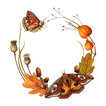 Butterflies and autumn leaves wreath. Isolated watercolor circle frame with white background. Ideal for seasonal fall decor, cover, card, invitationの写真素材