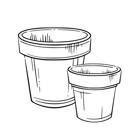 Two flower pots. Elegant vector line hand-drawn illustration Perfect for home decor, interior design, gardening, urban planting, and botanical themes. Seasonal signs, rustic card, postcard, symbolsのイラスト素材