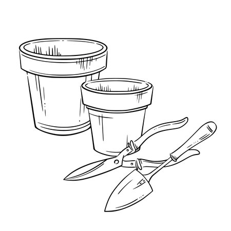 Flower pots, trowel, and pruning shears. Isolated vector line illustration. Ideal for eco-friendly gardening, spring planting, and landscaping projects. Ideal for seasonal card, postcard, signのイラスト素材