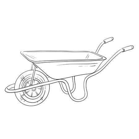 Garden wheelbarrow. Vector line isolated illustration. Perfect for gardening, farming, construction, landscaping, backyard work, and eco-friendly projects. Coloring page, seasonal sign, card, decor.のイラスト素材