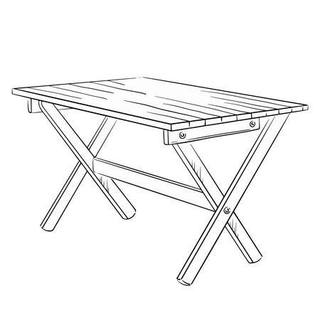 Garden table. Isolated vector linear hand-drawn illustration of a wooden folding table. Great for outdoor decor, picnic and tourism settings, and farmhouse-style visuals, seasonal sign, card, postcardのイラスト素材