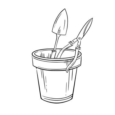 Plant pot with a trowel and pruning shears inside. Isolated vector hand-drawn graphic illustration of a flowerpot, a spade and shears. Perfect for gardening, landscaping, and eco-friendly projects.のイラスト素材