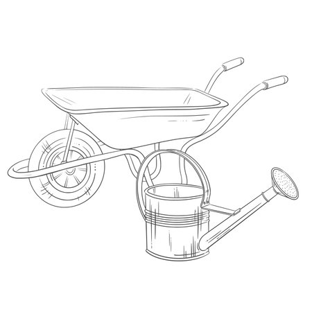 Aluminum watering can and a vintage garden wheelbarrow. Simple vector hand-drawn line-art illustration. Ideal for gardening, landscaping, spring planting, eco-friendly themes. Elegant seasonal designのイラスト素材