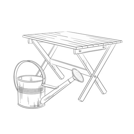 Aluminum watering can near a folding wooden table. Clean vector line garden illustration. Great for spring gardening, outdoor furniture, and rustic home decor, seasonal summer countryside themes.のイラスト素材