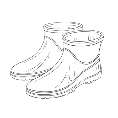 Pair of vintage rubber gardening boots. Line-art vector illustration. Perfect for gardening-related designs, farm themes, and outdoor, seasonal spring decor, coloring pages, garden signs, labels.のイラスト素材
