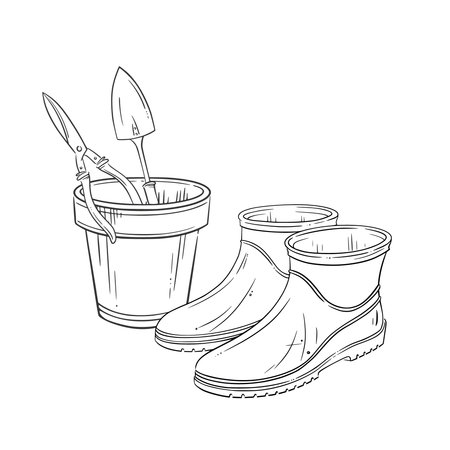 Rubber gardening boots beside a ceramic pot filled with essential garden tools. Vector hand-drawn sketch. Great for farm and gardening-related visuals, seasonal spring and summer decor, coloring pageのイラスト素材
