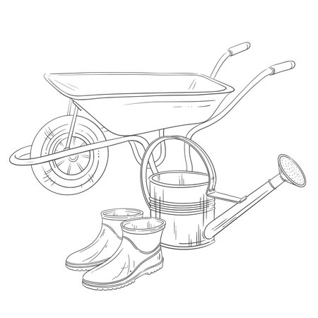 Garden wheelbarrow with an aluminum watering can and rubber boots. A vector line garden drawing. Ideal for gardening and farm-themed projects, seasonal decorations, coloring, spring and summer designsのイラスト素材