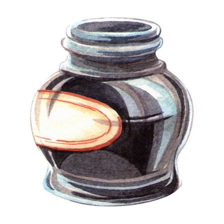 Ink bottle in elegant vintage style. Isolated retro hand-drawn watercolor illustration. Perfect for historical or literary-themed design, for retro decor, postcards, greeting, for Valentines dayの写真素材