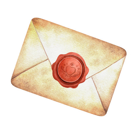 Closed envelope with wax seal in vintage style. Elegant romantic watercolor isolated illustration of letter. Perfect message for Valentines day decoration, retro decor, postcards, cards, scrapbookの写真素材