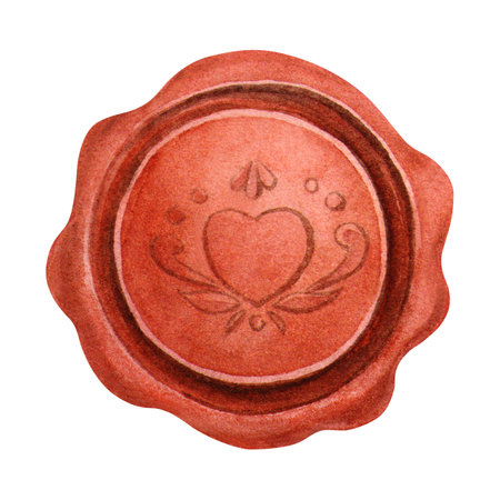 Wax seal in vintage style. Watercolor hand-drawn retro isolated illustration. Red round stamp ideal for retro letters, invitations, and romantic stationery designs, greeting cards, wrapping, stickersの写真素材