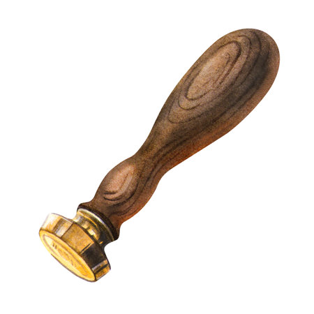 Wax seal stamp tool with a wooden handle in vintage style. Charming hand-drawn illustration for classic letters, law and security symbol and sign, scrapbooking, craft or retro projects.の写真素材