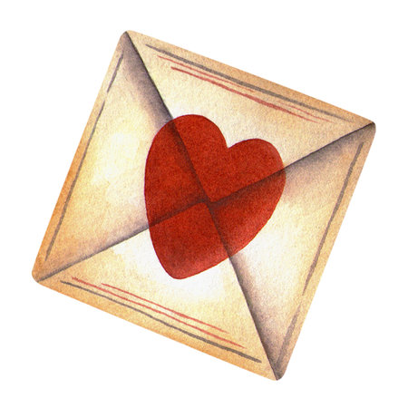Love letter in vintage style. Square retro Valentines day envelope with red heart. Hand drawn watercolor illustration for love notes, wedding, invitation, greeting card, sticker or holiday themeの写真素材