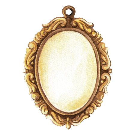 Bronze pendant frame in vintage style. Watercolor hand-drawn romantic illustration of retro mirror jewelry. Perfect for frames, name place craft decoration, elegant invitation, banner, Valentines dayの写真素材