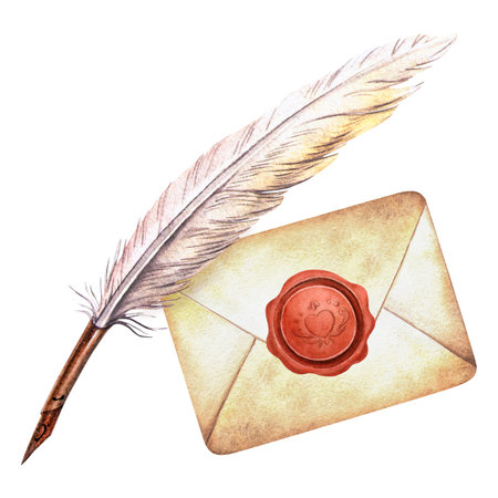 Vintage letter with quill pen with wax seal. Elegant watercolor hand-drawn illustration of retro sealed envelope and writing feather. Ideal for love message, Valentine's Day, invitations, decorationの写真素材