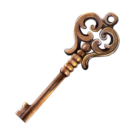 Antique key in a romantic vintage style, delicately painted watercolor illustration for nostalgic and elegant designs, love postcards, Valentines day cards, retro decoration.の写真素材