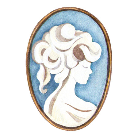 Vintage golden cameo pendant with girl silhouette. Romantic watercolor illustration of oval antique bronze locket. Ideal for vintage fashion, love cards, postcard, sign, sticker, Valentines day decorの写真素材