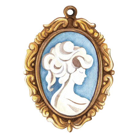 Baroque cameo golden pendant with gem girl silhouette Elegant watercolor illustration of oval antique bronze locket Perfect for vintage fashion, romantic postcard, sign, sticker, Valentines day decorの写真素材