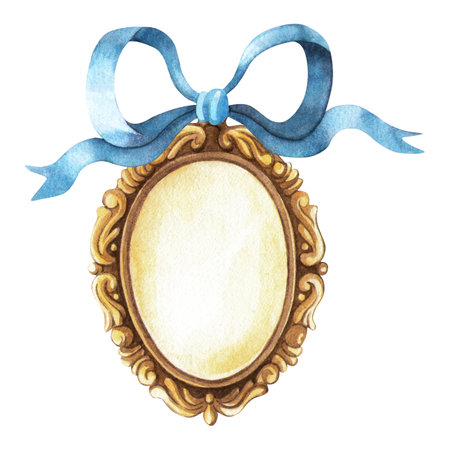 Baroque golden frame with blue bow. Elegant watercolor illustration oval antique bronze pendant. Perfect for vintage beauty and fashion design, romantic postcard, sign, sticker, Valentines day decorの写真素材