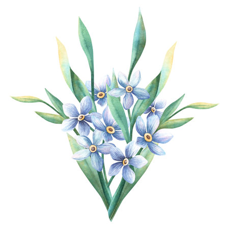 Forget-me-not bouquet. Romantic watercolor illustration of blue flowers twigs. Perfect for romantic, botanical, vintage design projects, romantic spring greeting card, retro postcard, stickers, signの写真素材