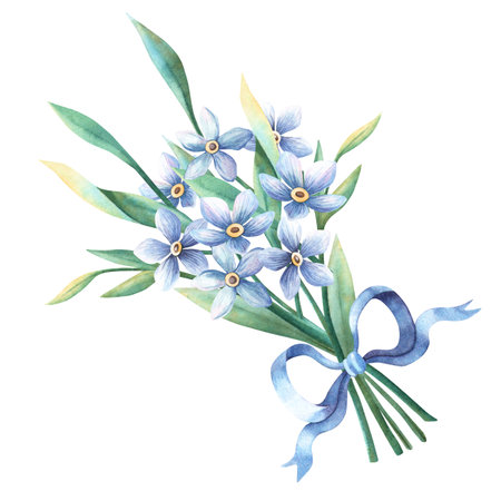 Forget-me-not bouquet with blue ribbon bow. Elegant watercolor illustration of blue flowers branches. Perfect for romantic, botanical, vintage design, spring greeting card, retro postcard, stickersの写真素材