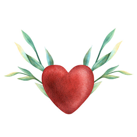 Scarlet heart with green twigs. Elegant vintage Valentine day watercolor hand-drawn illustration. Perfect for romantic sign, passion sign, wedding decor, invitation, and love design, patterns, cardsの写真素材